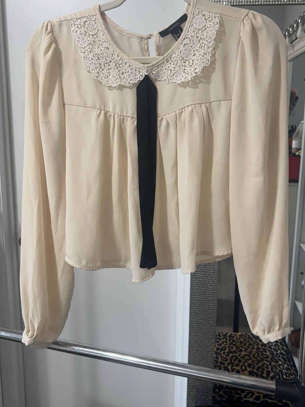 Forever 21 Cream Lace Collar Blouse with Black Tie